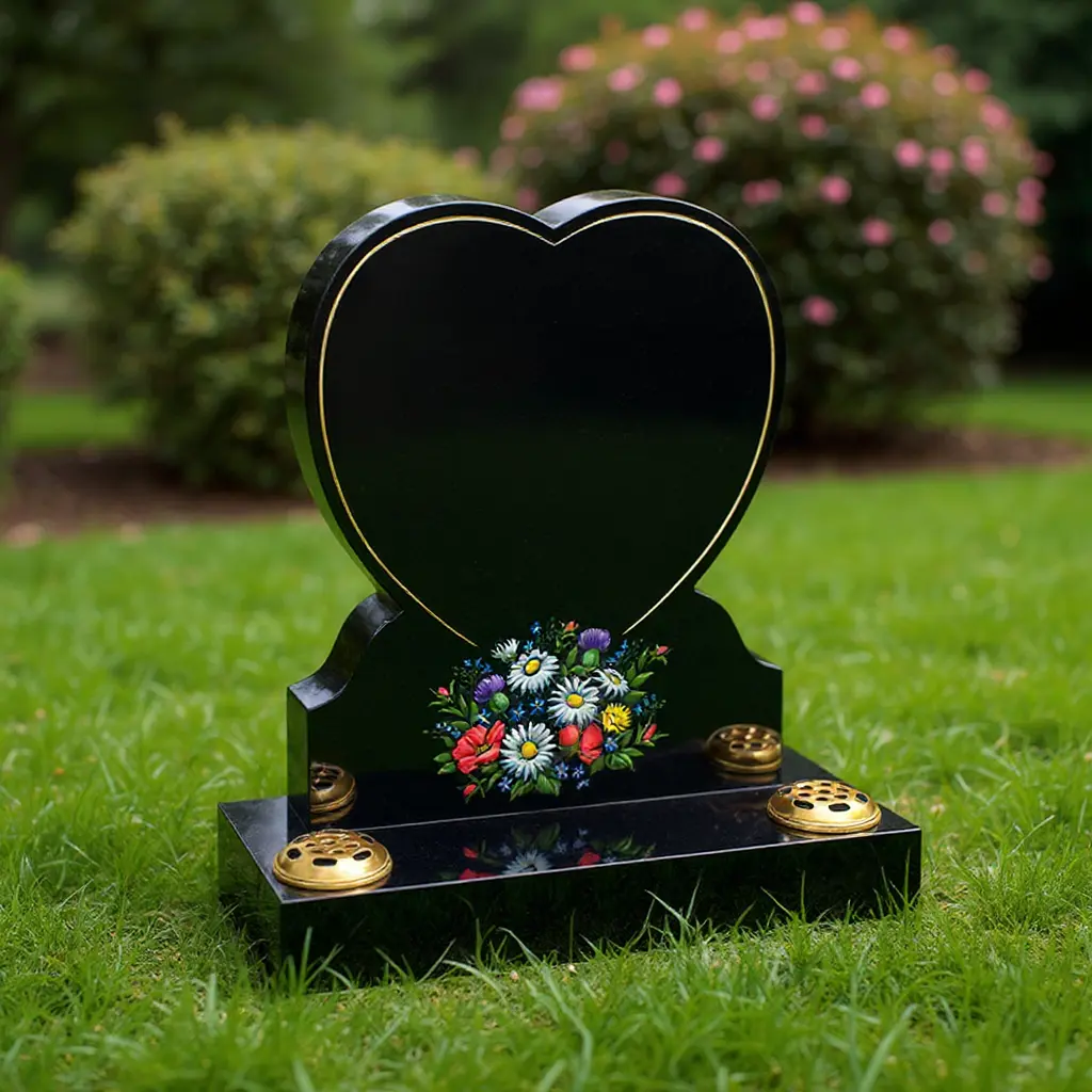 Black Headstone with custom design and flowers