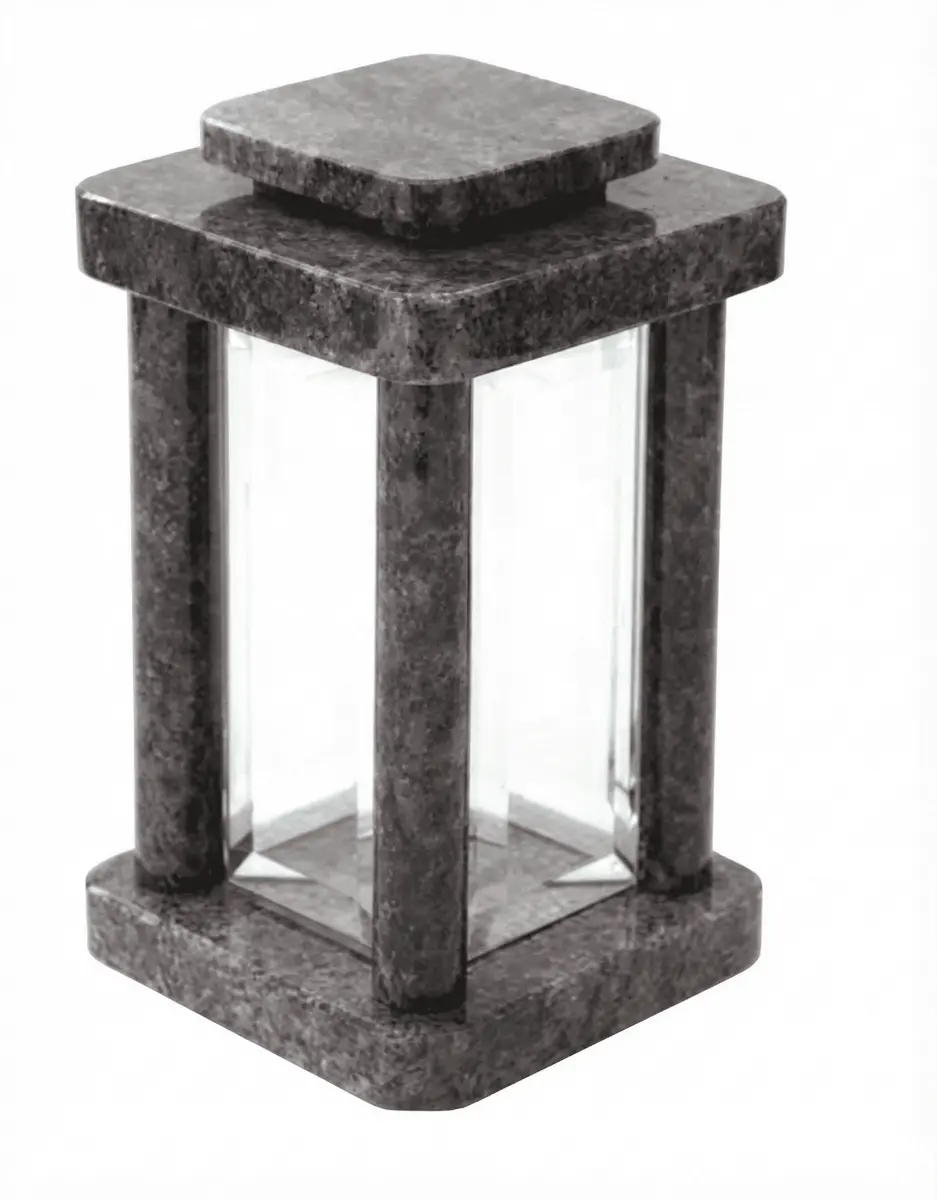 Square granite memorial lantern with rounded corner pillars and clear glass panels.