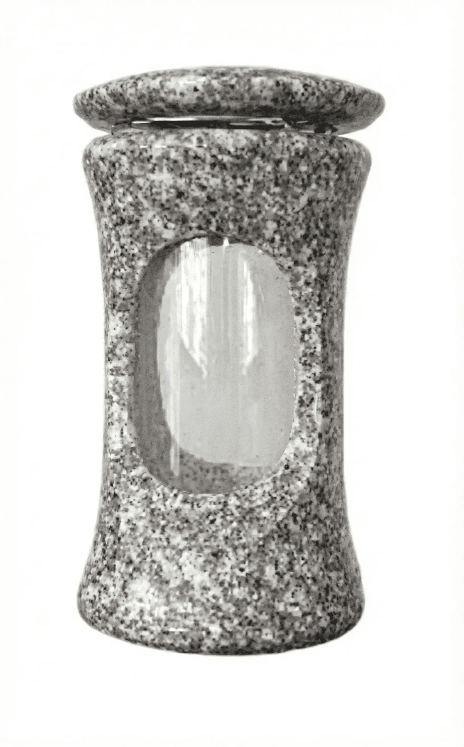 Light grey granite memorial lantern with curved sides and an oval glass opening