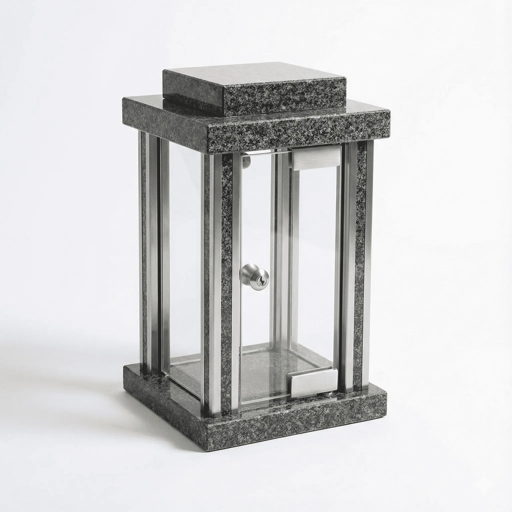 Rectangular granite memorial lantern with brushed metal trims and a front-opening glass door.