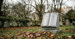 A granite book headstone standing in a quiet English churchyard on an autumn morning, with fallen leaves at the base and soft natural light catching the polished stone surface.