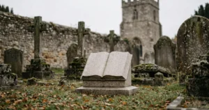 A book-shaped granite headstone in a traditional Lincolnshire churchyard on an overcast morning, surrounded by older memorials and a stone church wall in the background