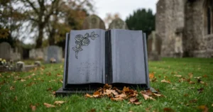 A polished dark granite book-shaped memorial headstone in a quiet English cemetery, surrounded by autumn leaves and soft background headstones