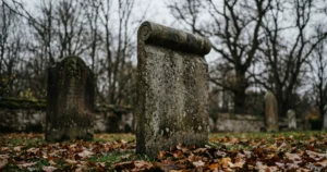 A granite scroll-top headstone in a quiet English churchyard surrounded by autumn leaves