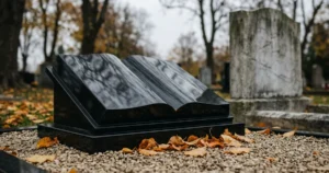 Polished black granite book headstone in a Lincolnshire cemetery with a weathered marble headstone visible in the background