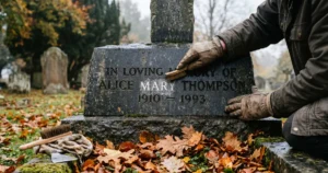 A stonemason cleaning and restoring faded lettering on a granite headstone in an English cemetery