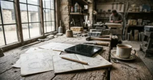 A stonemason's workbench with hand-drawn memorial designs, a pencil, and a piece of polished granite in warm morning light