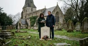 Two people standing at a graveside in an English churchyard, looking at a pale limestone headstone on an overcast morning