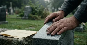 A stonemason's hands resting on a partially inscribed grey granite headstone in a quiet cemetery setting, natural light