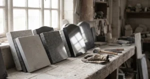 Granite headstone samples in a memorial mason's workshop showing polished and honed finishes in grey and black stone