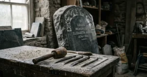 A memorial mason's workshop with a granite headstone leaning against the wall, chisels on a stone-dusted workbench, soft natural light through a window