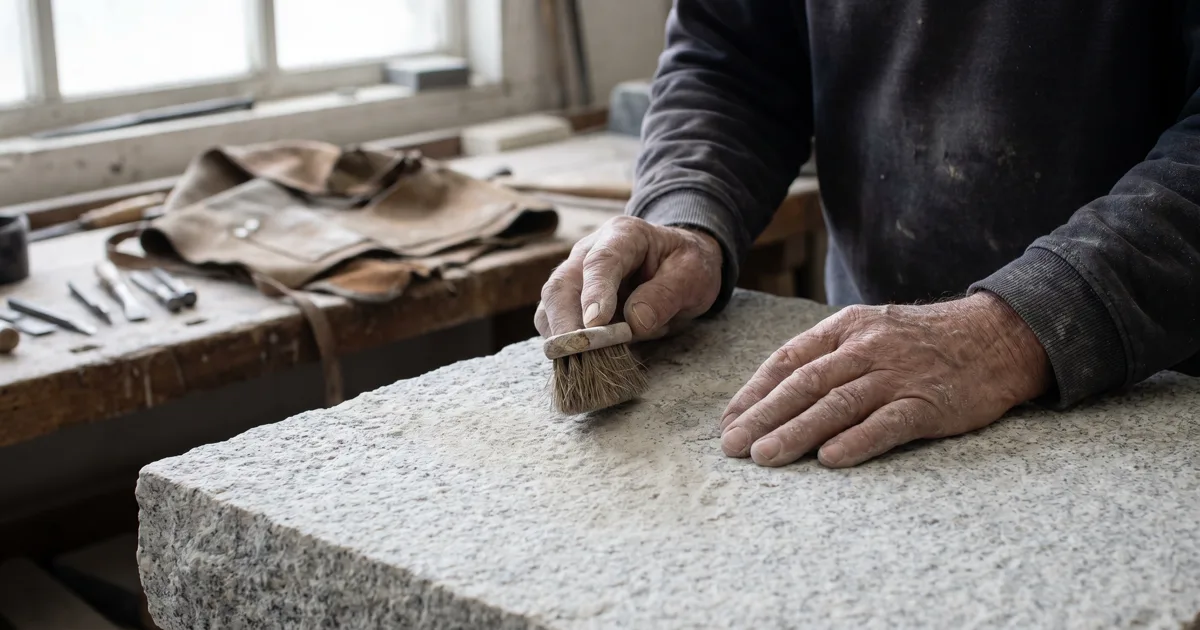 Close-up of a stonemason's weathered hands resting on a granite slab with chisels and tools on a dusty workshop bench