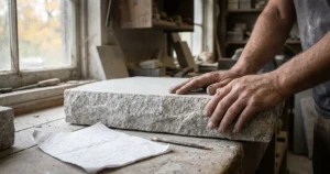A stonemason's hands resting on a granite headstone beside handwritten inscription notes on a workshop bench