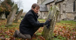 A woman kneeling beside a gravestone in an English churchyard, gently cleaning the stone surface with a damp cloth on an overcast autumn day
