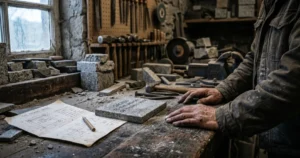 Close-up of a stonemason's hands holding a pencil over a handwritten memorial design proof on a workbench