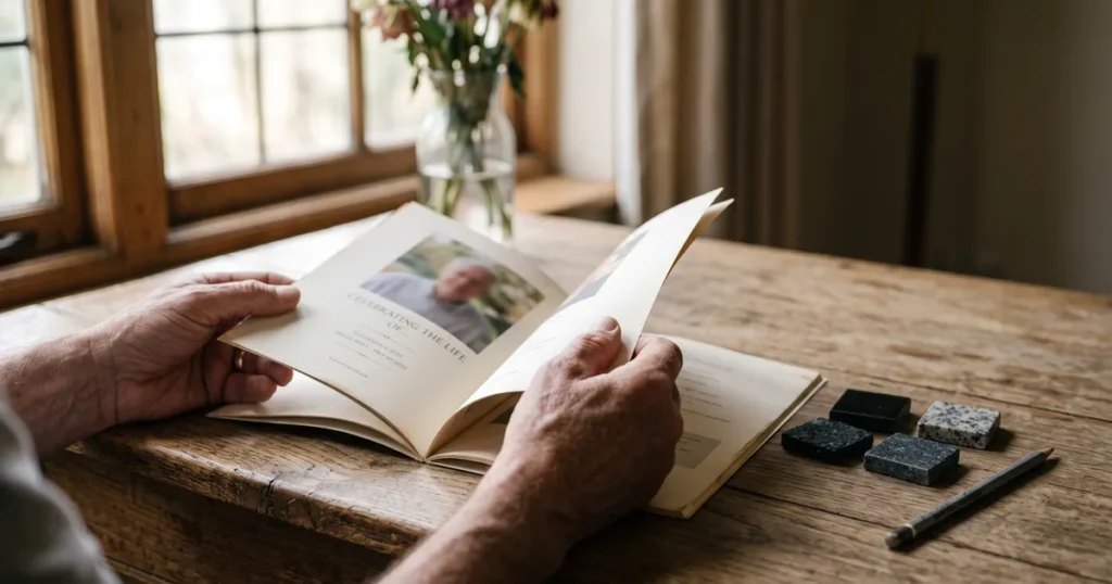 Hands turning the pages of a memorial brochure with granite samples on a table