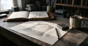 A memorial mason's hands carving lettering into stone in a workshop, tools laid out nearby