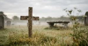 Simple wooden memorial marker in a quiet churchyard