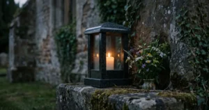 Polished granite lantern with a lit candle on a weathered stone base beside a small vase of flowers, with a churchyard wall behind