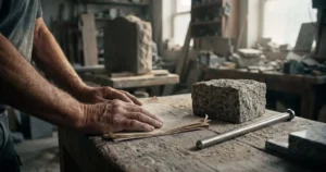 Stonemason's hands resting on folded drawings beside a granite sample and a steel ground anchor on a workshop bench