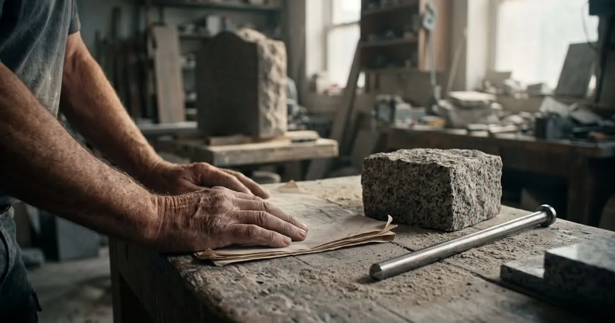 Stonemason's hands resting on folded drawings beside a granite sample and a steel ground anchor on a workshop bench